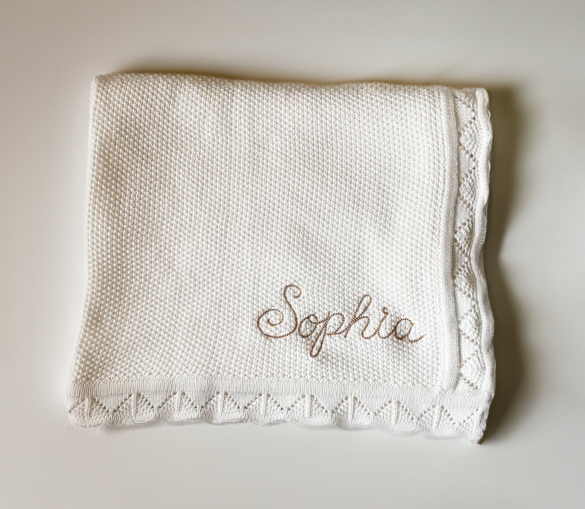 Monogrammed Baby Blanket: Scallop Edge, Embroidered 100% Cotton Knit