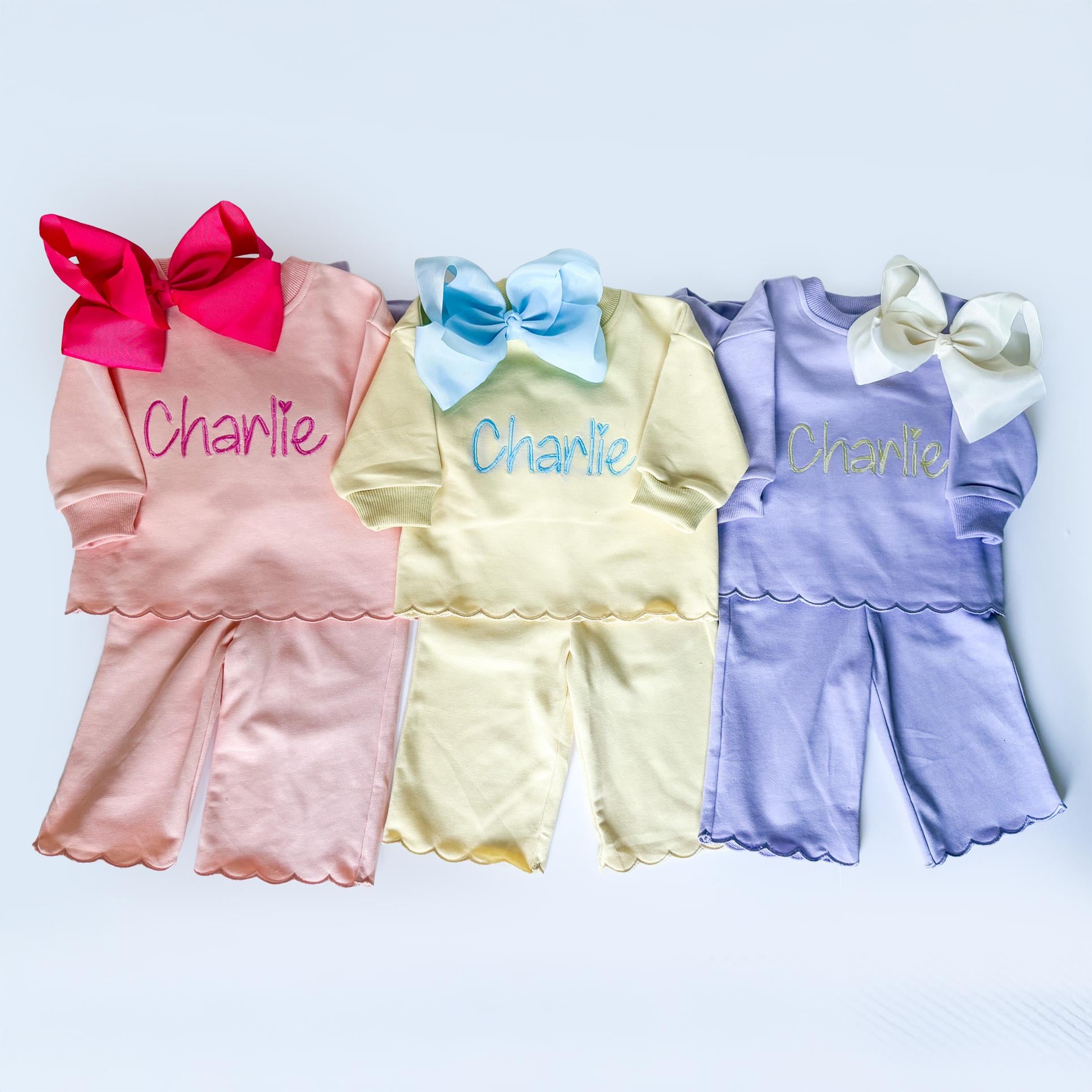 Personalized Girls Sweatsuit Set, Embroidered Name Outfit, Scalloped Hem Pants, Bow Included