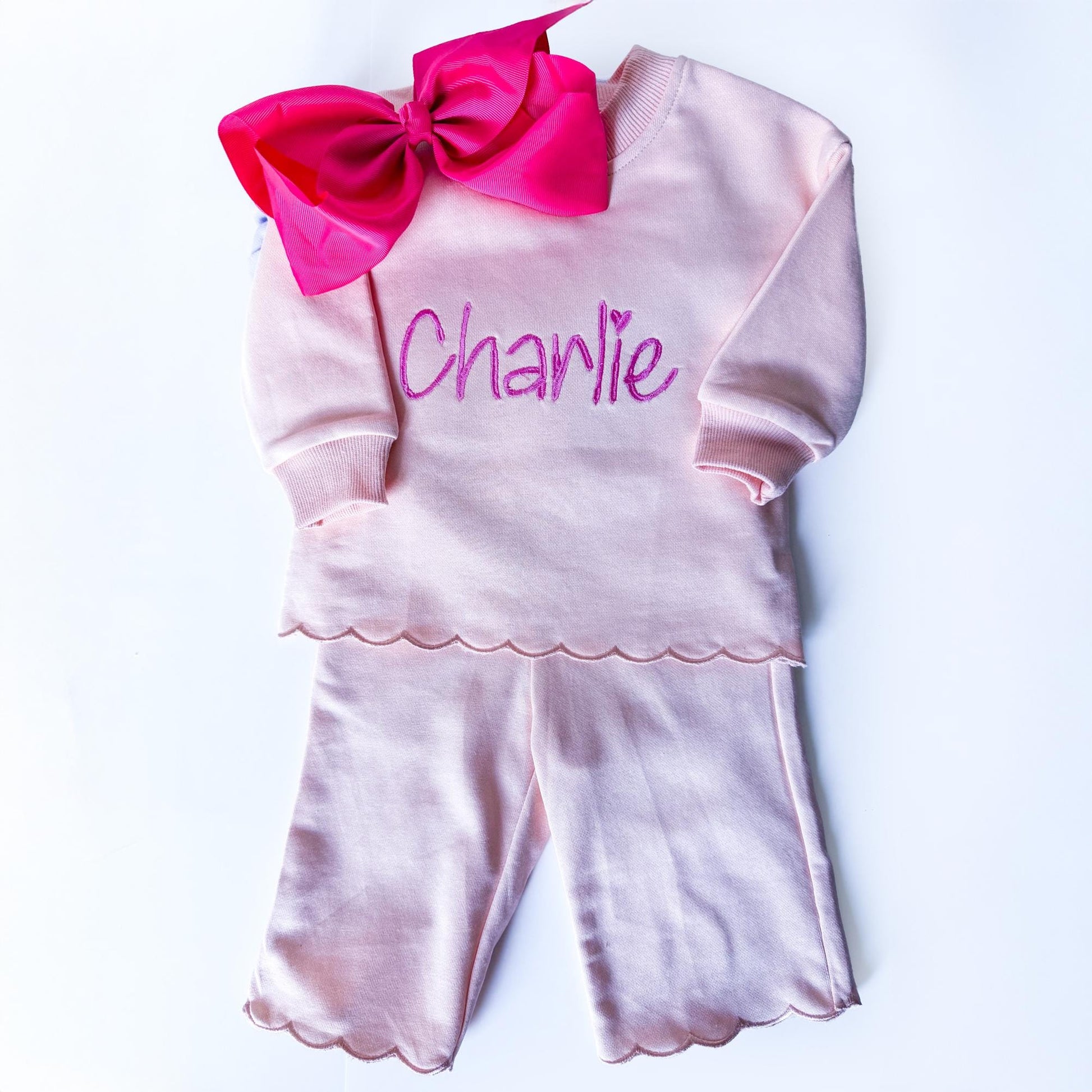 Personalized Girls Sweatsuit Set, Embroidered Name Outfit, Scalloped Hem Pants, Bow Included