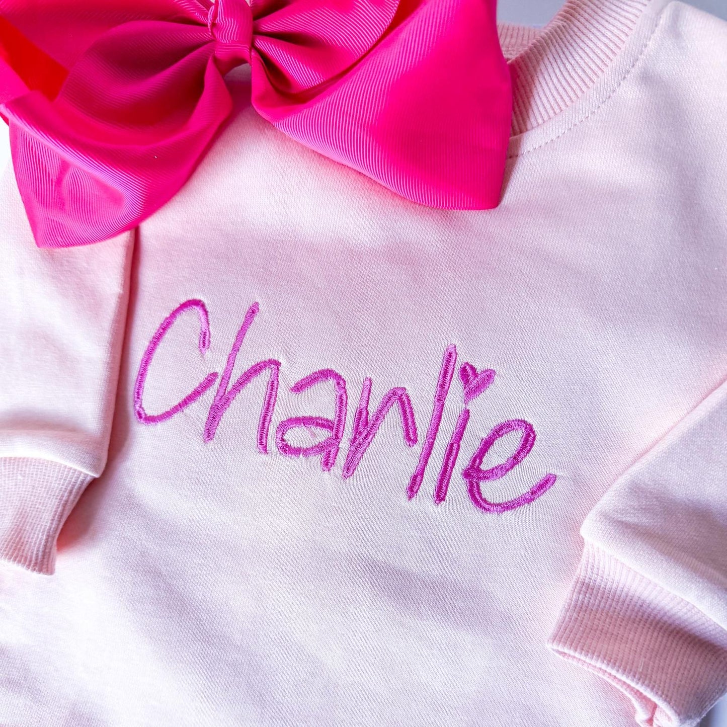 Personalized Girls Sweatsuit Set, Embroidered Name Outfit, Scalloped Hem Pants, Bow Included