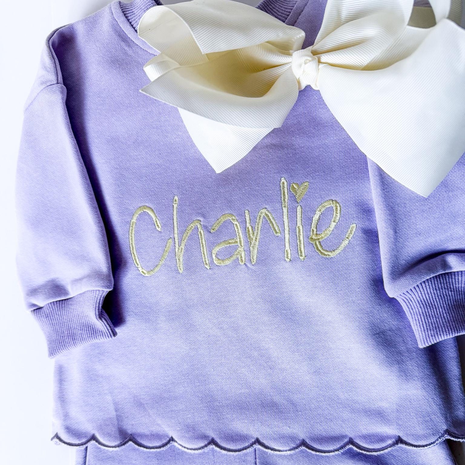 Personalized Girls Sweatsuit Set, Embroidered Name Outfit, Scalloped Hem Pants, Bow Included