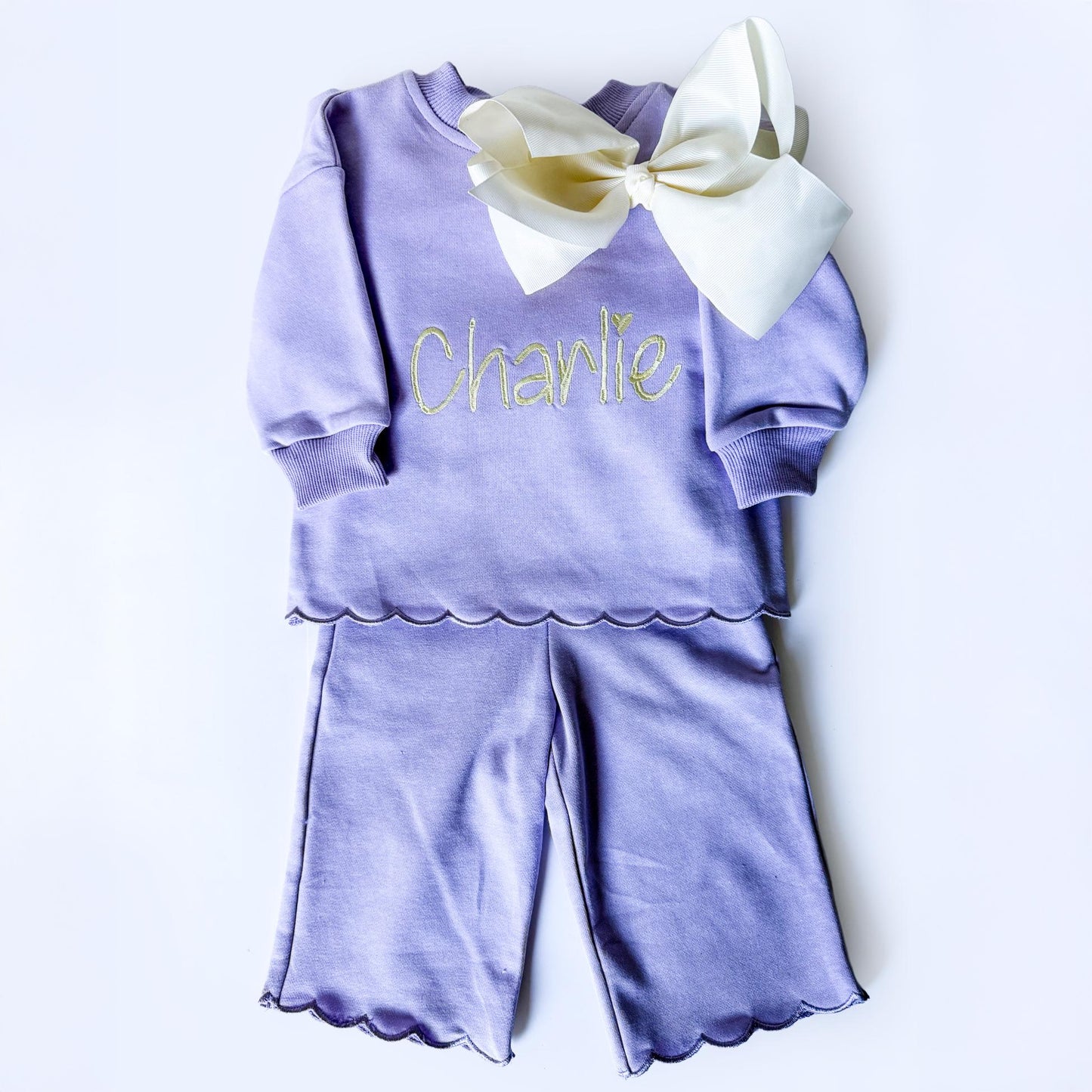 Personalized Girls Sweatsuit Set, Embroidered Name Outfit, Scalloped Hem Pants, Bow Included