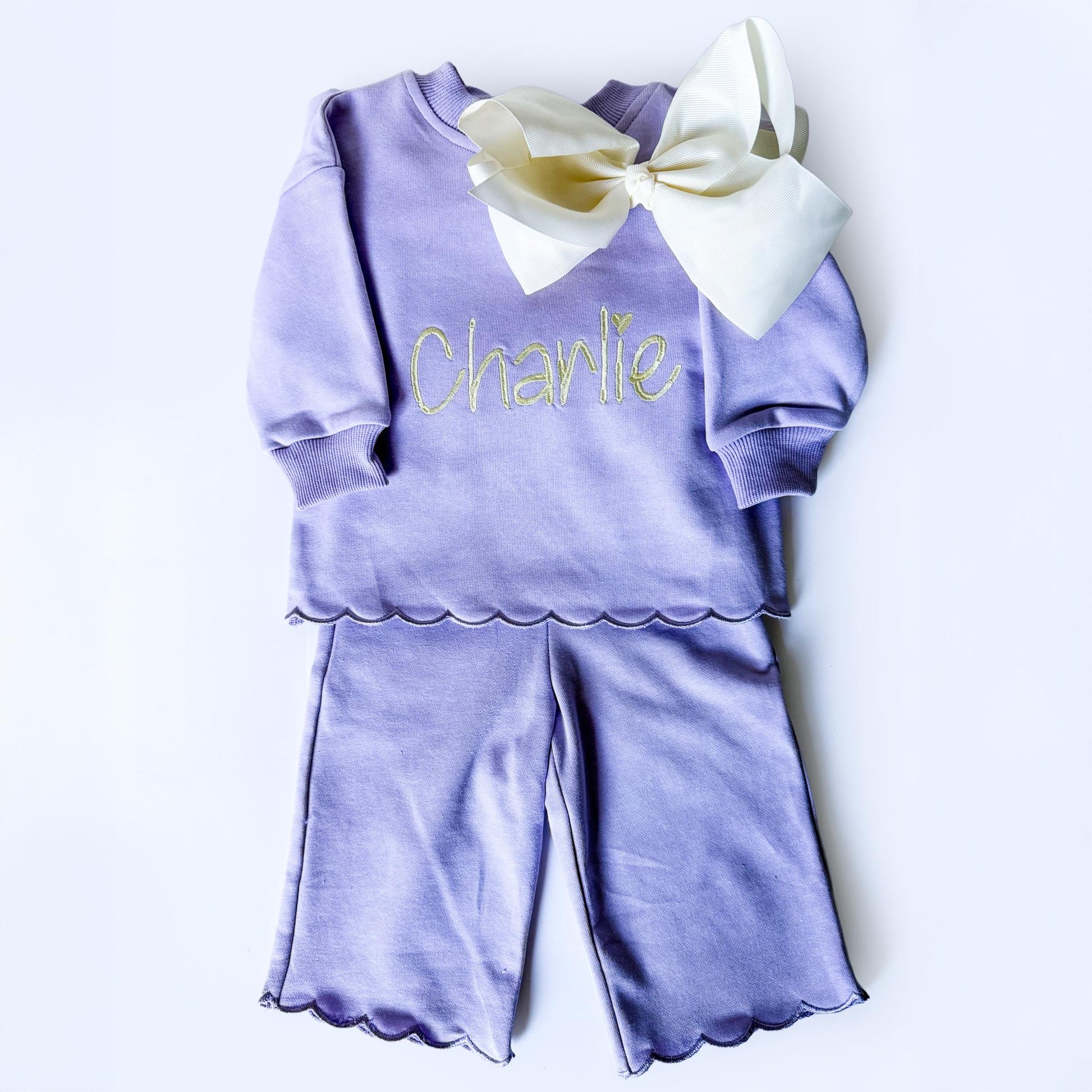 Personalized Girls Sweatsuit Set, Embroidered Name Outfit, Scalloped Hem Pants, Bow Included