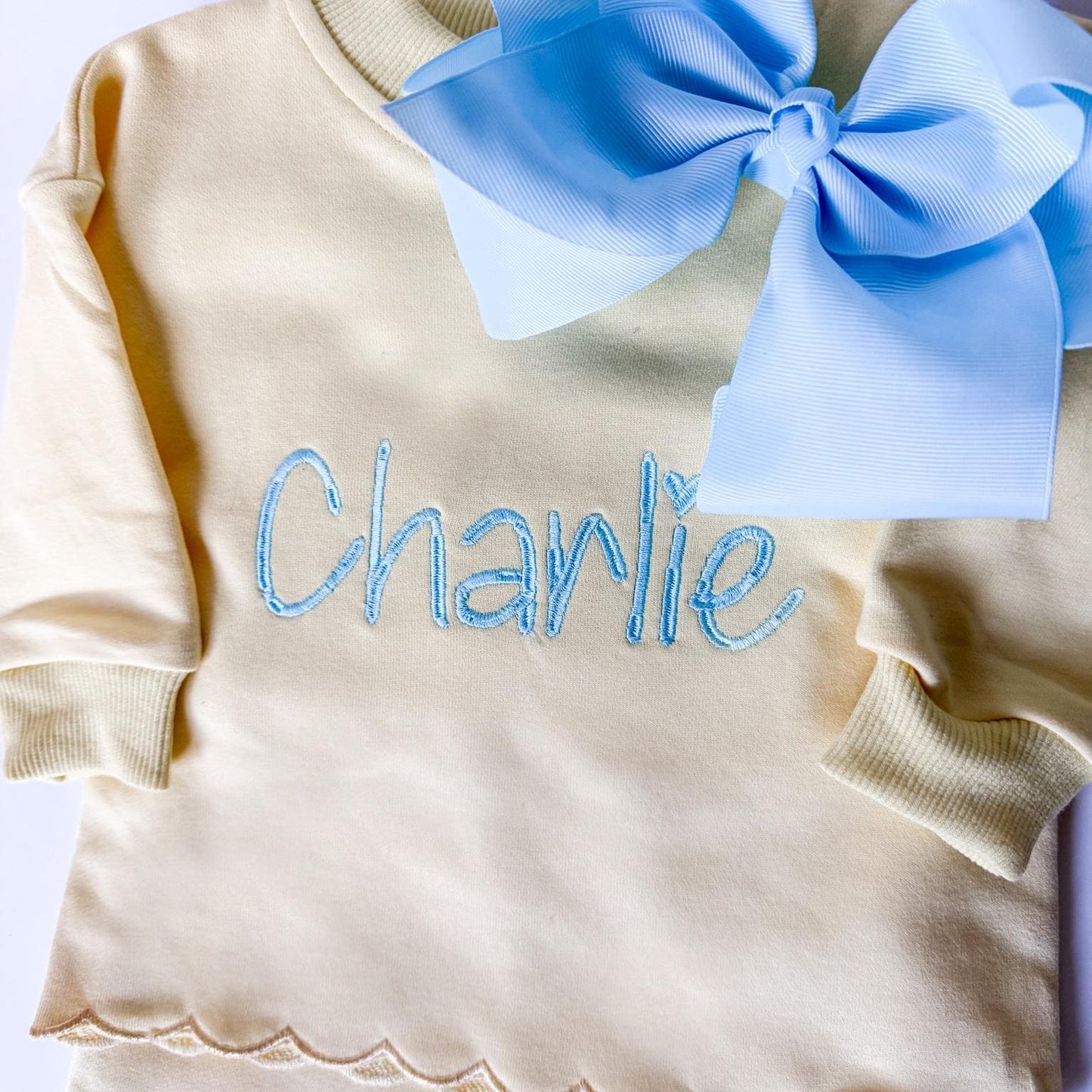 Personalized Girls Sweatsuit Set, Embroidered Name Outfit, Scalloped Hem Pants, Bow Included