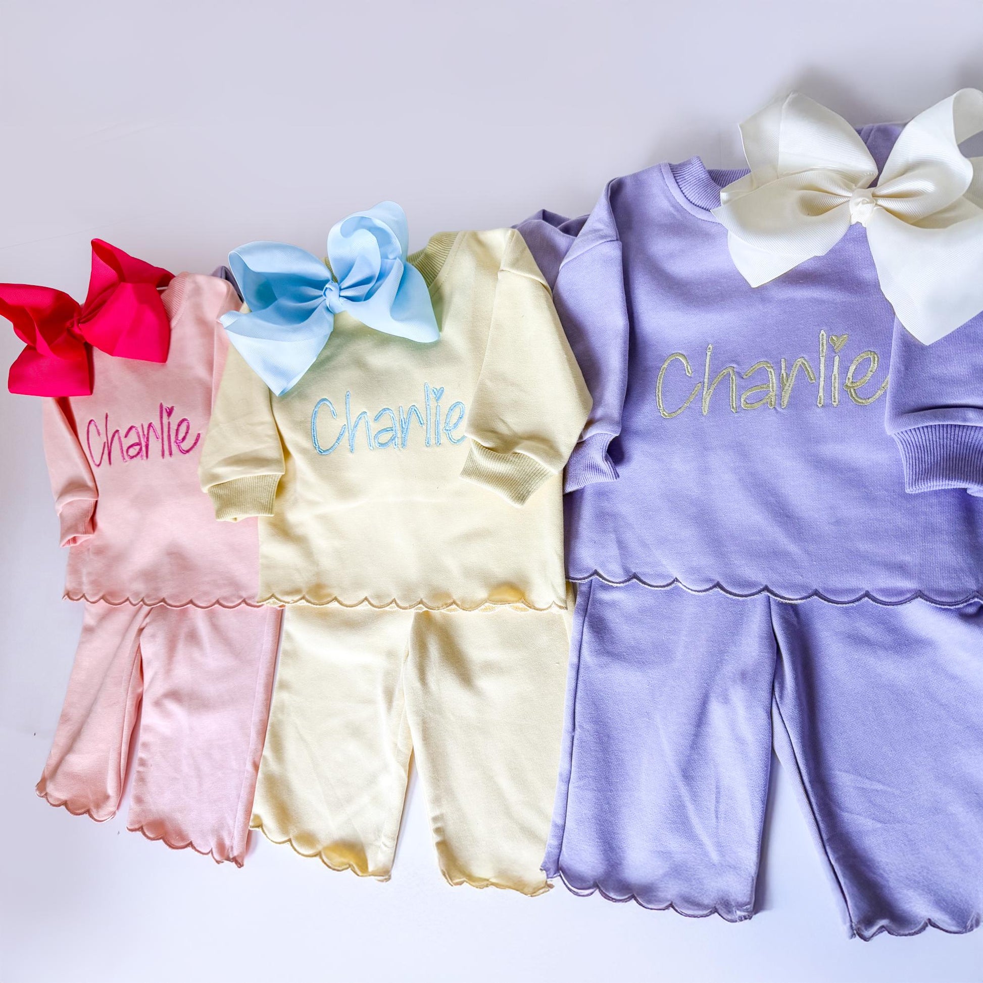 Personalized Girls Sweatsuit Set, Embroidered Name Outfit, Scalloped Hem Pants, Bow Included