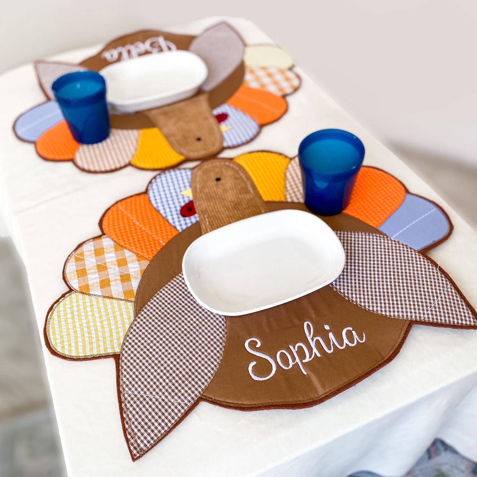 Personalized Thanksgiving Turkey Placemat: Embroidered Kids Table Decor