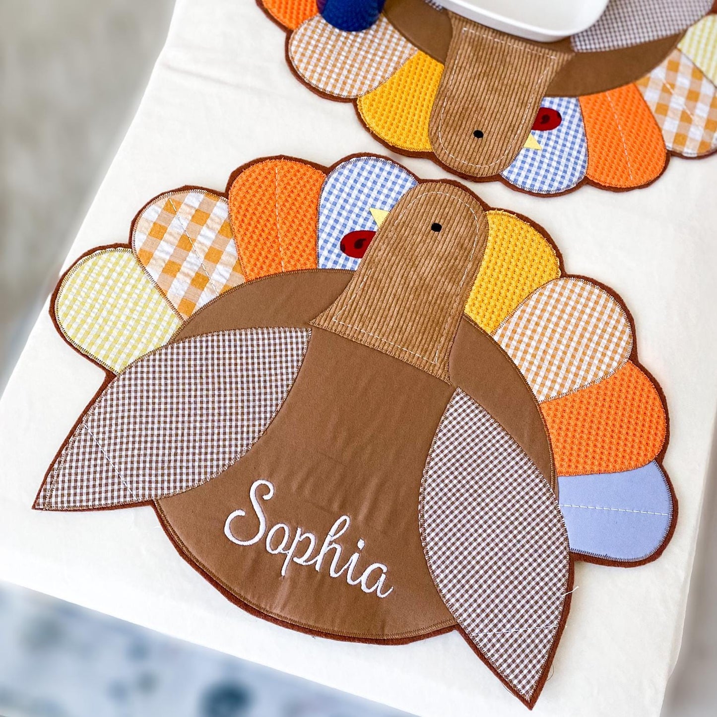 Personalized Thanksgiving Turkey Placemat: Embroidered Kids Table Decor