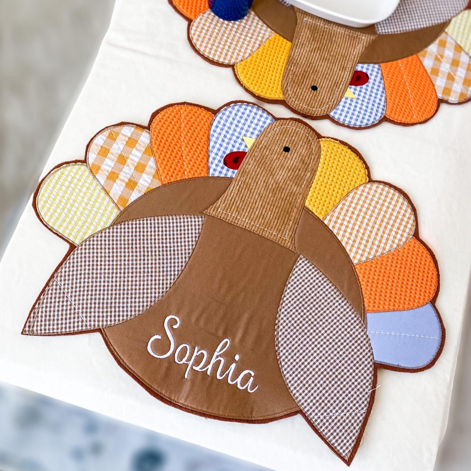 Personalized Thanksgiving Turkey Placemat: Embroidered Kids Table Decor