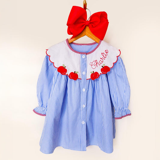 Personalized Apple Embroidered Girls Dress | Back to School Outfit | Classic Blue Stripe Dress