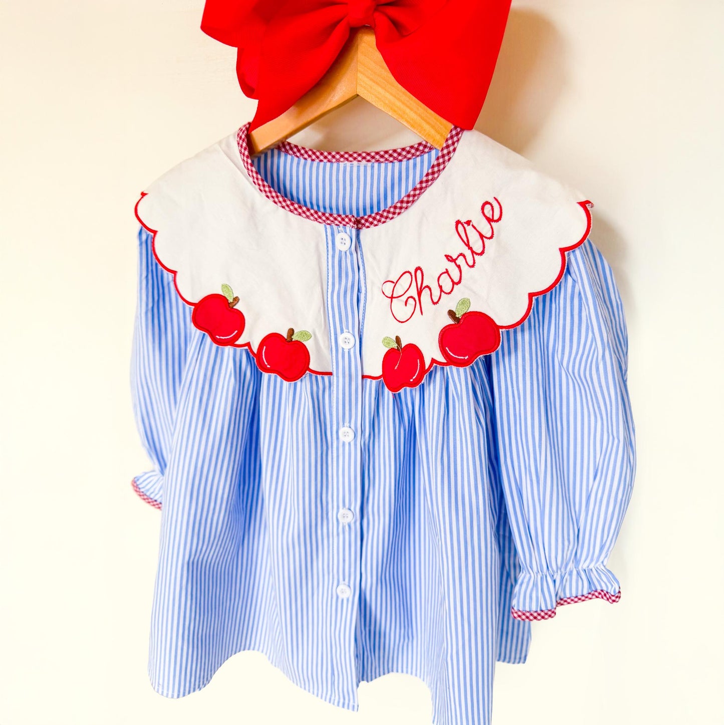 Personalized Apple Embroidered Girls Dress | Back to School Outfit | Classic Blue Stripe Dress