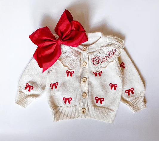 Personalized Baby Cardigan: Embroidered Name, Coquette Bow Sweater Valentine's
