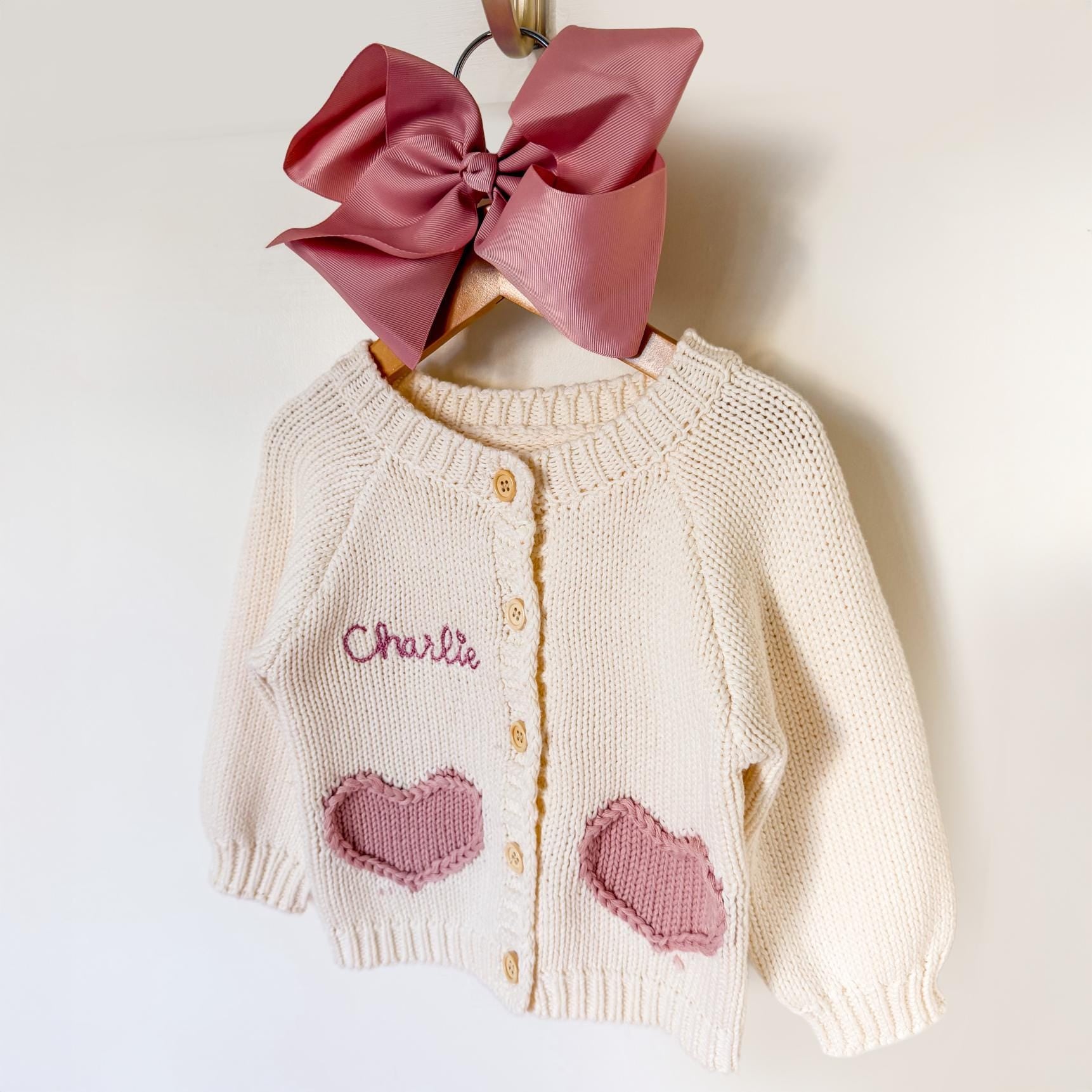 Personalized Baby Cardigan: Embroidered Name, heart knitted Sweater