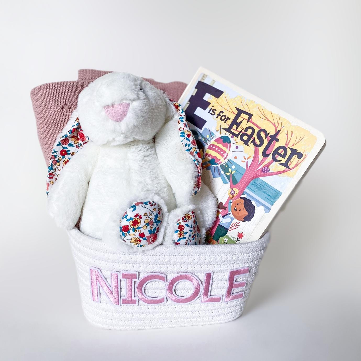 Personalized Baby's First Easter Basket: Bunny, Blanket & Book