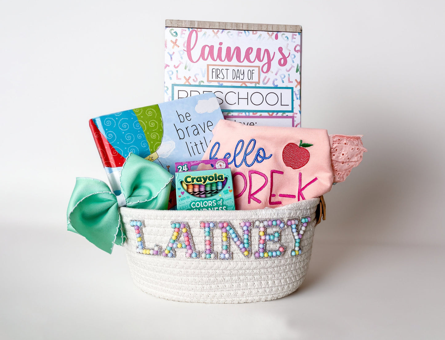 Personalized Back to School Basket: Embroidered Shirt, Bow, Board