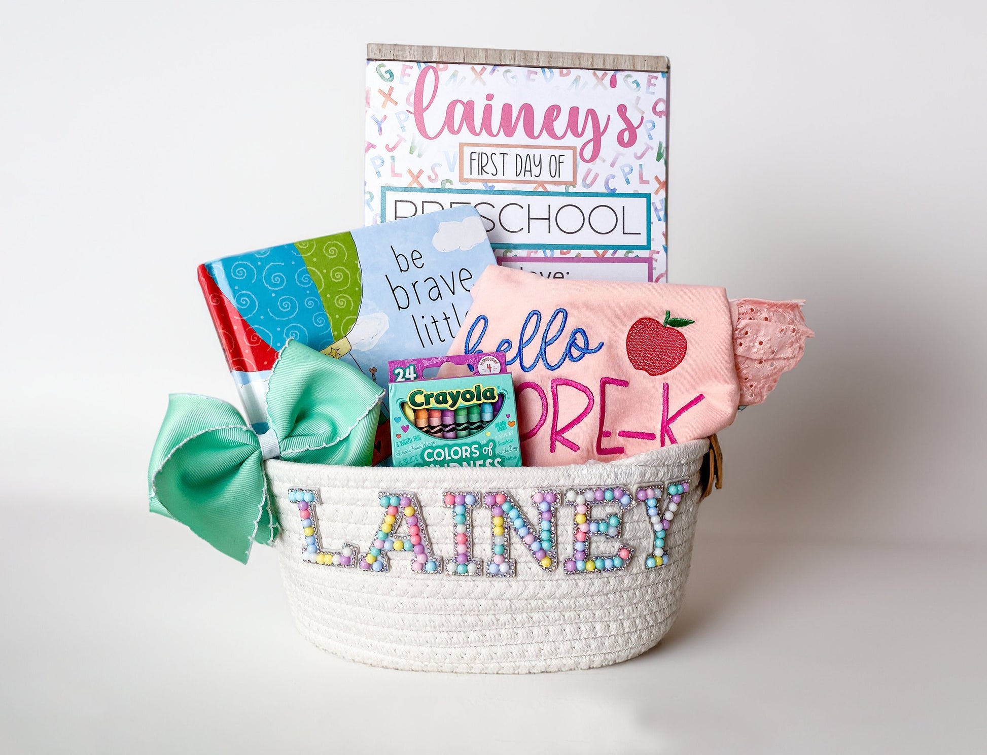 Personalized Back to School Basket: Embroidered Shirt, Bow, Board