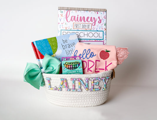 Personalized Back to School Basket: Embroidered Shirt, Bow, Board
