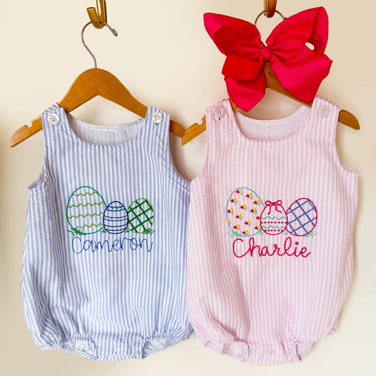 Personalized Easter Seersucker Bubble Romper, Embroidered Egg Outfit