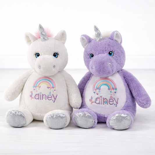 Personalized Embroidered Unicorn Plush – Cream or Lavender Rainbow Keepsake