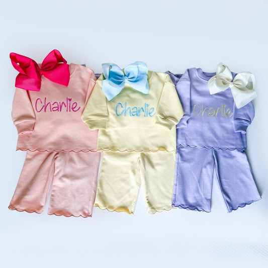 Personalized Girls Sweatsuit Set, Embroidered Name Outfit, Scalloped Hem Pants, Bow Included