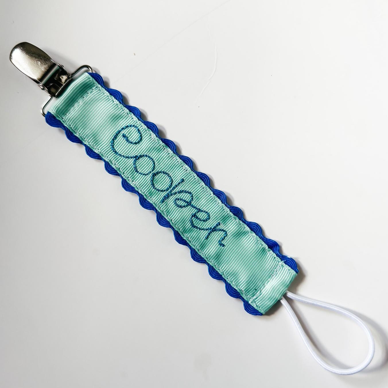 Personalized Pacifier Clip | Embroidered Name | Unique Color Ribbon with Ric Rac Edge | Handmade Baby Gift