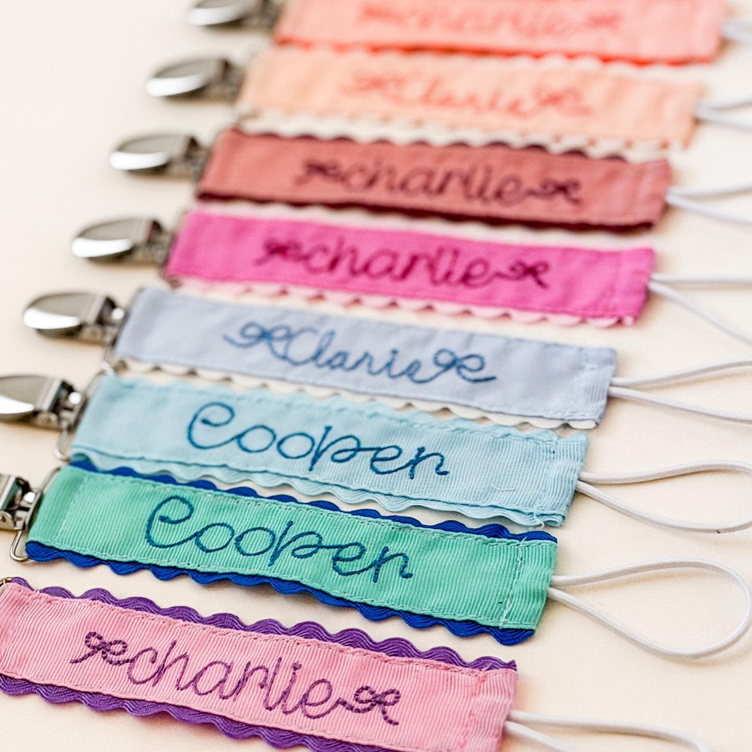 Personalized Pacifier Clip | Embroidered Name | Unique Color Ribbon with Ric Rac Edge | Handmade Baby Gift