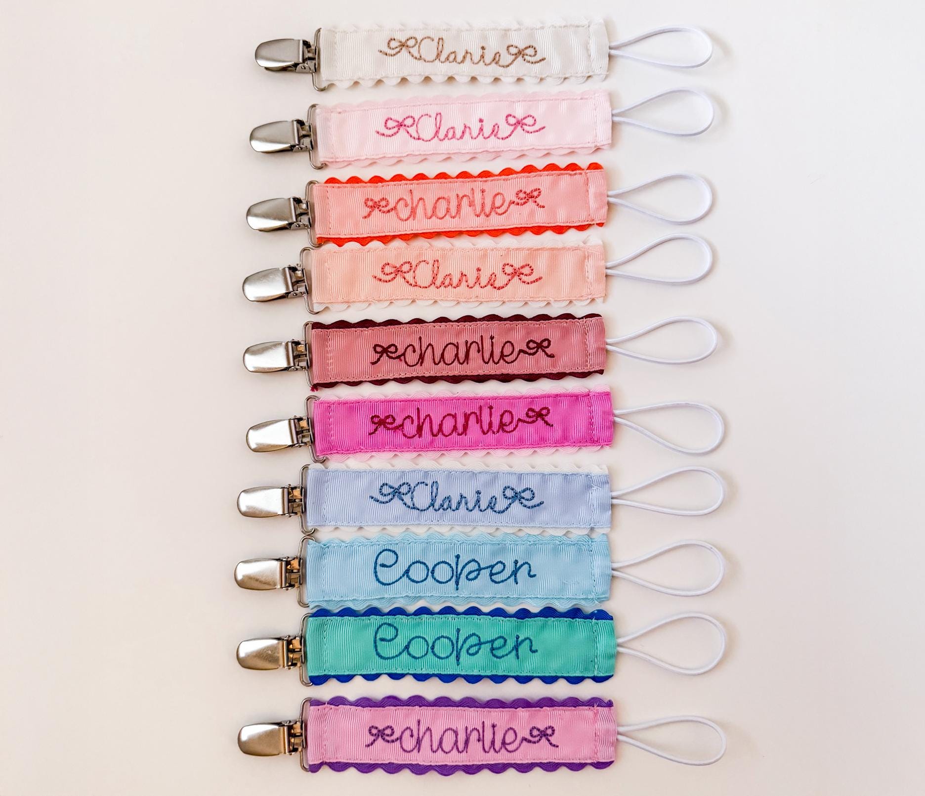 Personalized Pacifier Clip | Embroidered Name | Unique Color Ribbon with Ric Rac Edge | Handmade Baby Gift