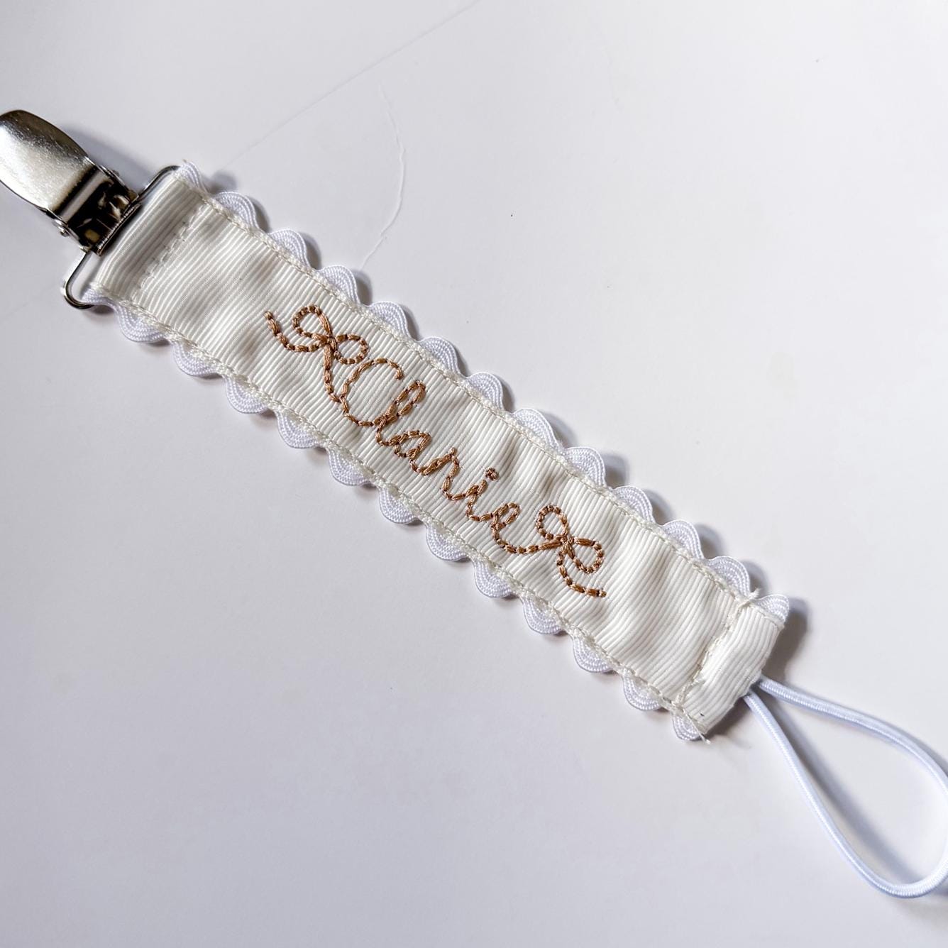 Personalized Pacifier Clip | Embroidered Name | Unique Color Ribbon with Ric Rac Edge | Handmade Baby Gift