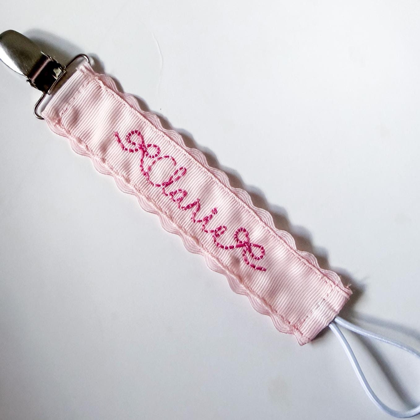 Personalized Pacifier Clip | Embroidered Name | Unique Color Ribbon with Ric Rac Edge | Handmade Baby Gift
