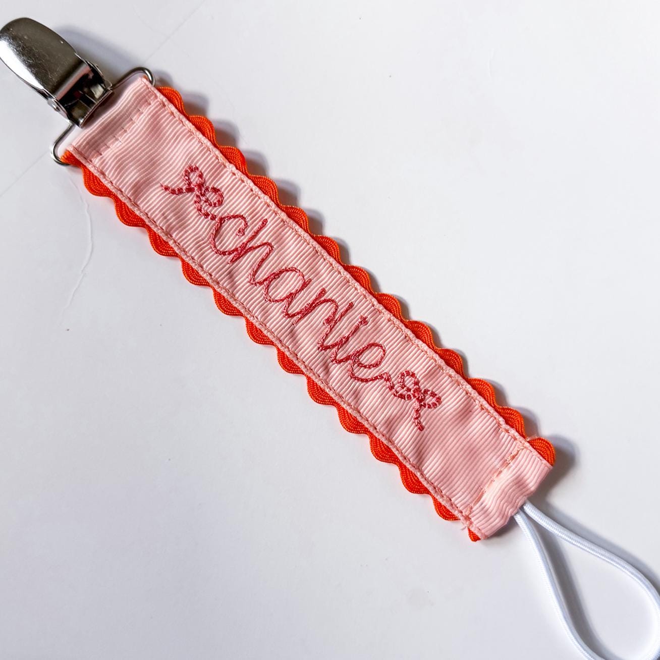 Personalized Pacifier Clip | Embroidered Name | Unique Color Ribbon with Ric Rac Edge | Handmade Baby Gift