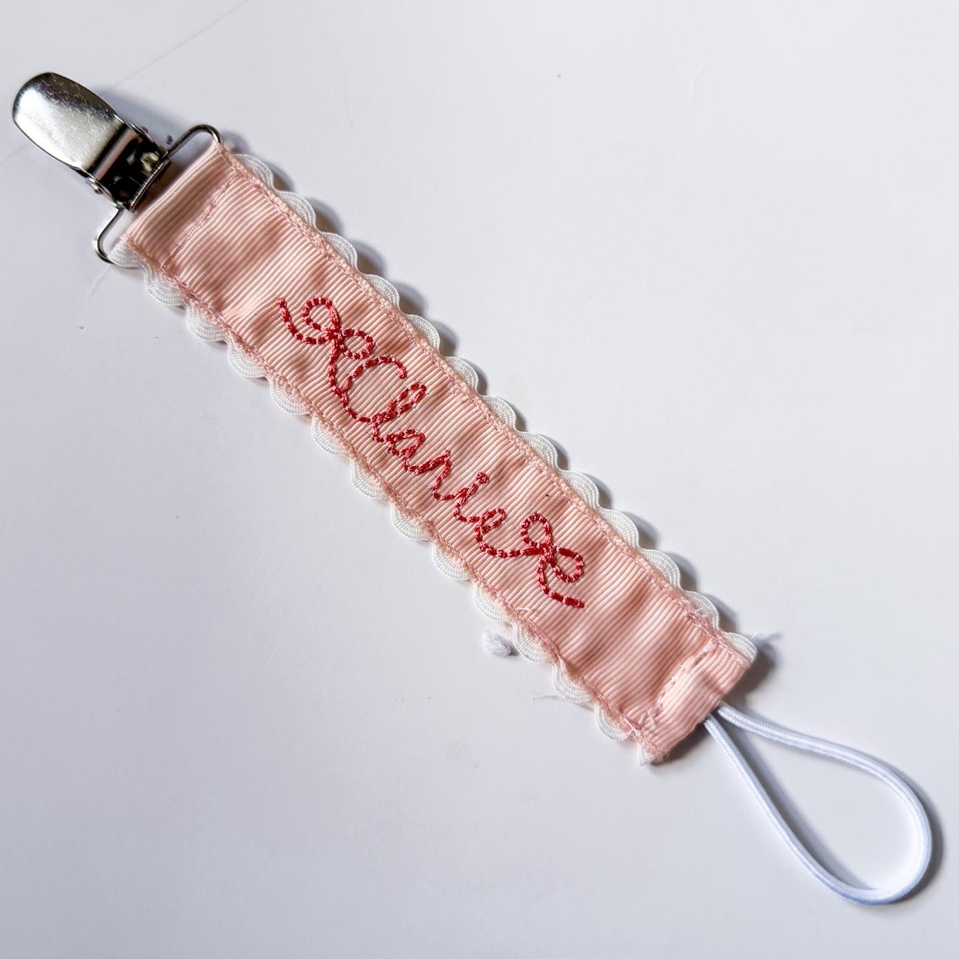 Personalized Pacifier Clip | Embroidered Name | Unique Color Ribbon with Ric Rac Edge | Handmade Baby Gift
