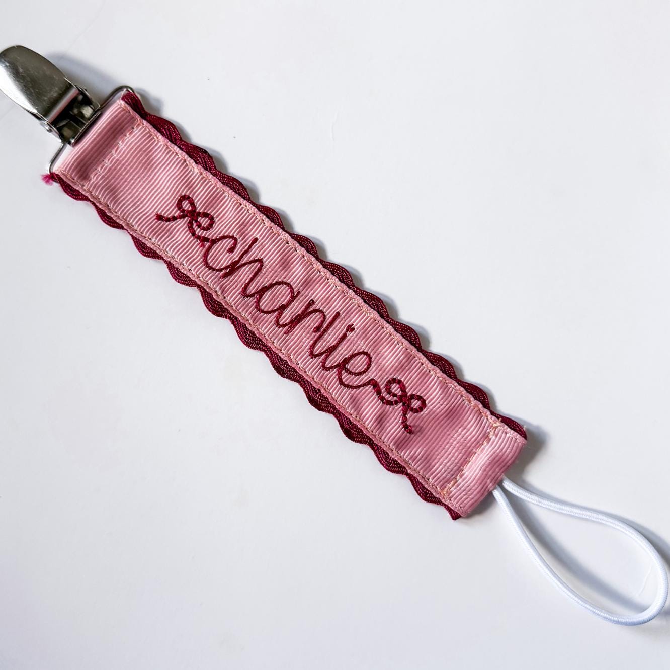 Personalized Pacifier Clip | Embroidered Name | Unique Color Ribbon with Ric Rac Edge | Handmade Baby Gift