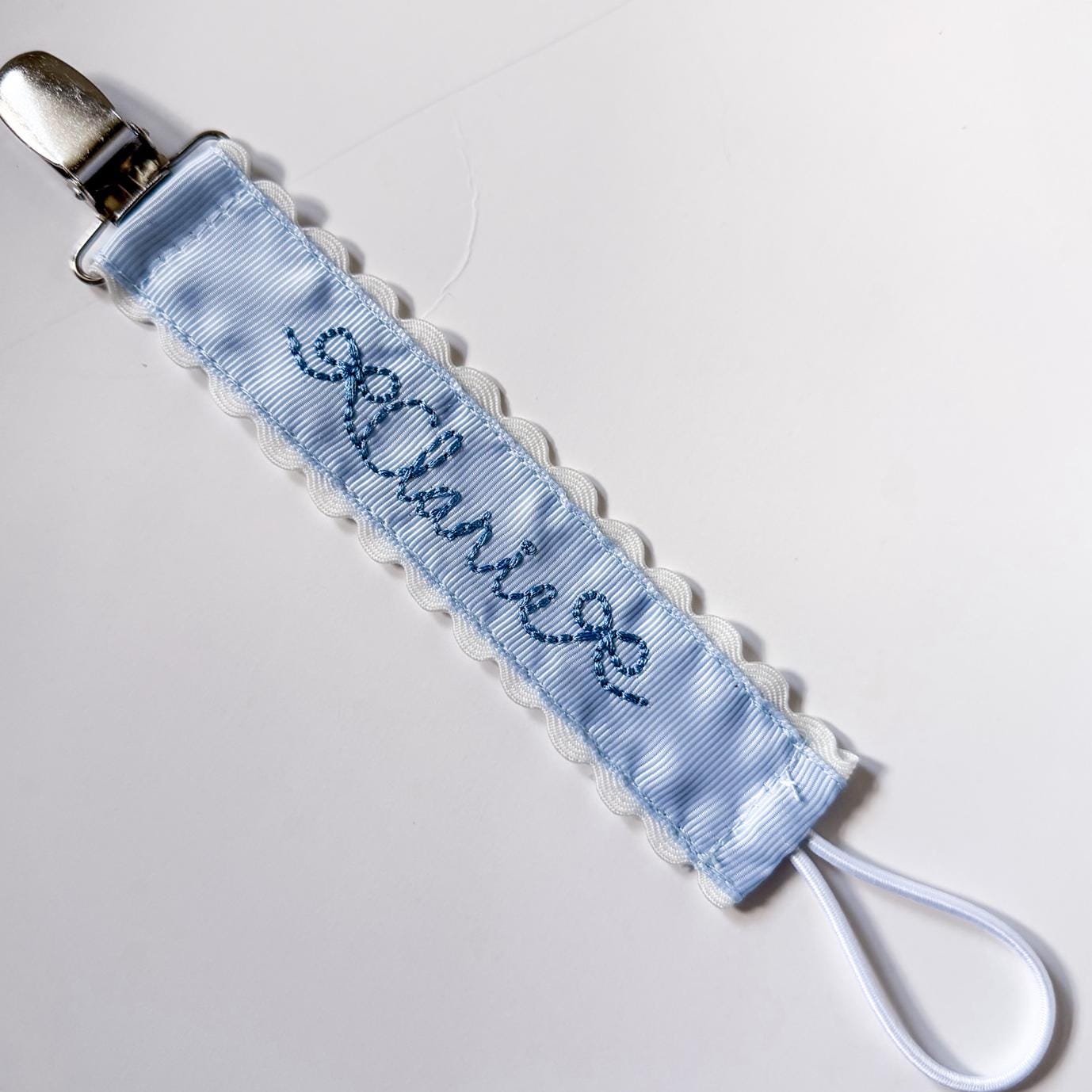 Personalized Pacifier Clip | Embroidered Name | Unique Color Ribbon with Ric Rac Edge | Handmade Baby Gift