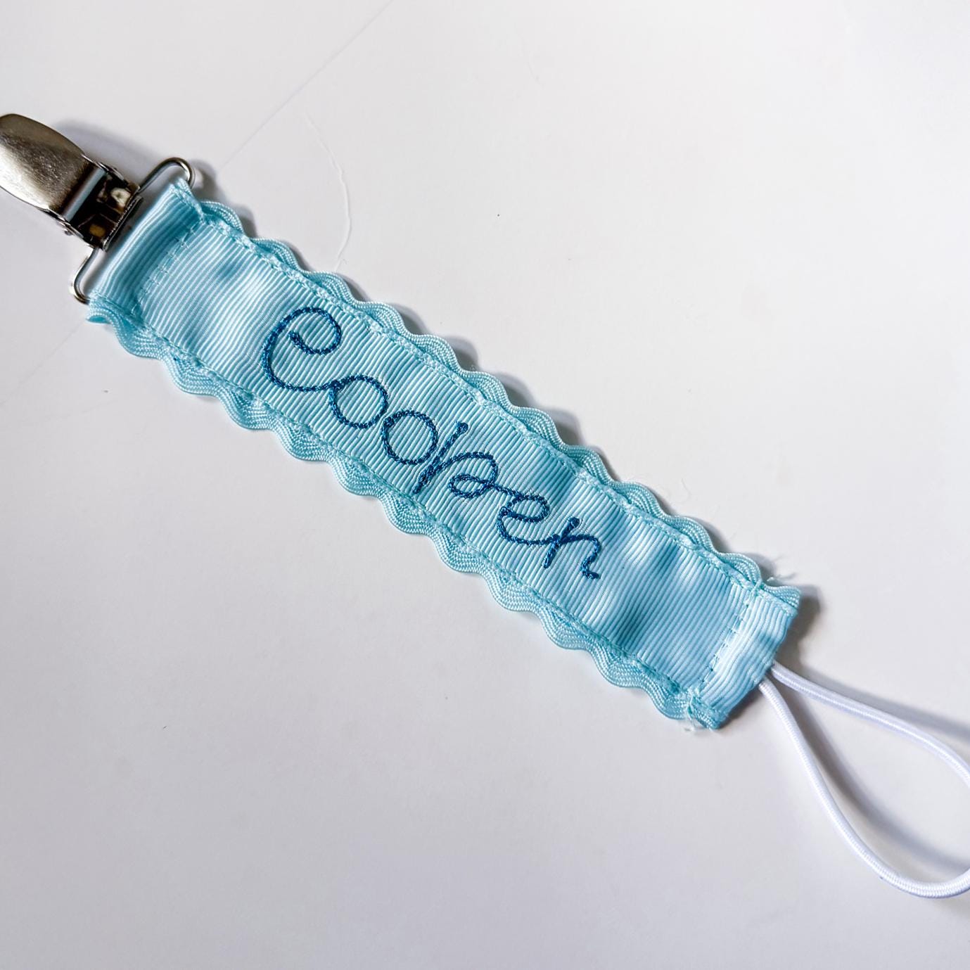 Personalized Pacifier Clip | Embroidered Name | Unique Color Ribbon with Ric Rac Edge | Handmade Baby Gift