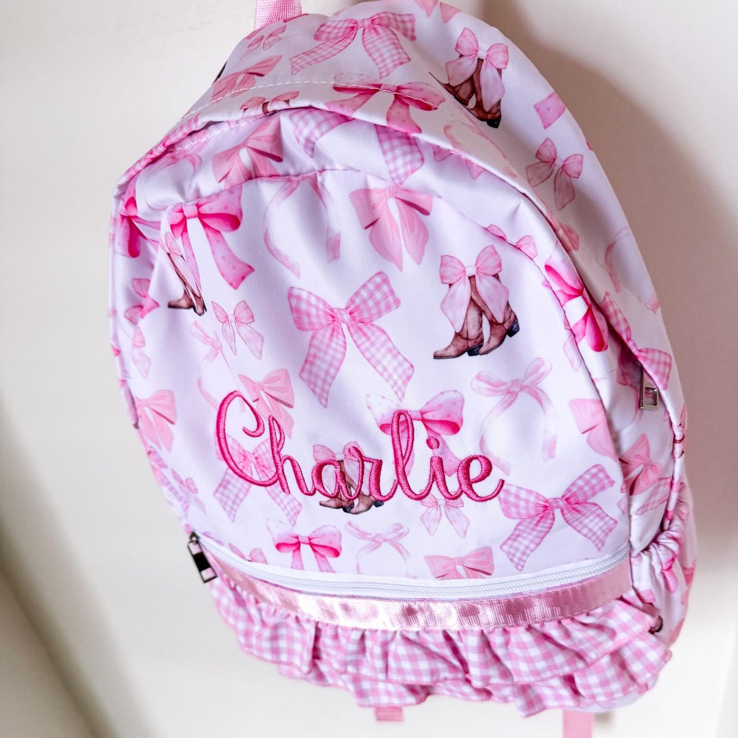Personalized Pink Bow Backpack, Girls Backpack, Cowgirl Backpack, Toddler Backpack, Preschool Backpack, Pink Gingham Ruffle Backpack __etsy:8101707404
