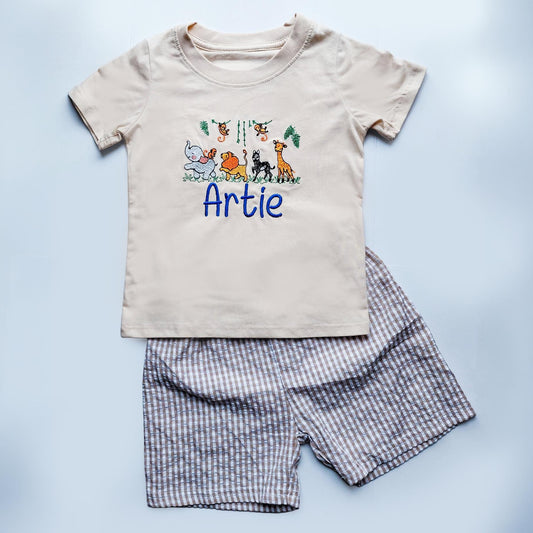 Personalized Safari Birthday Outfit | Embroidered Jungle Animals, Custom Name Boy Shirt