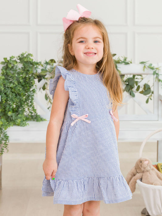 Pinafore Perfection: Blue Seersucker Bow Accent Dress - Savannah Creations