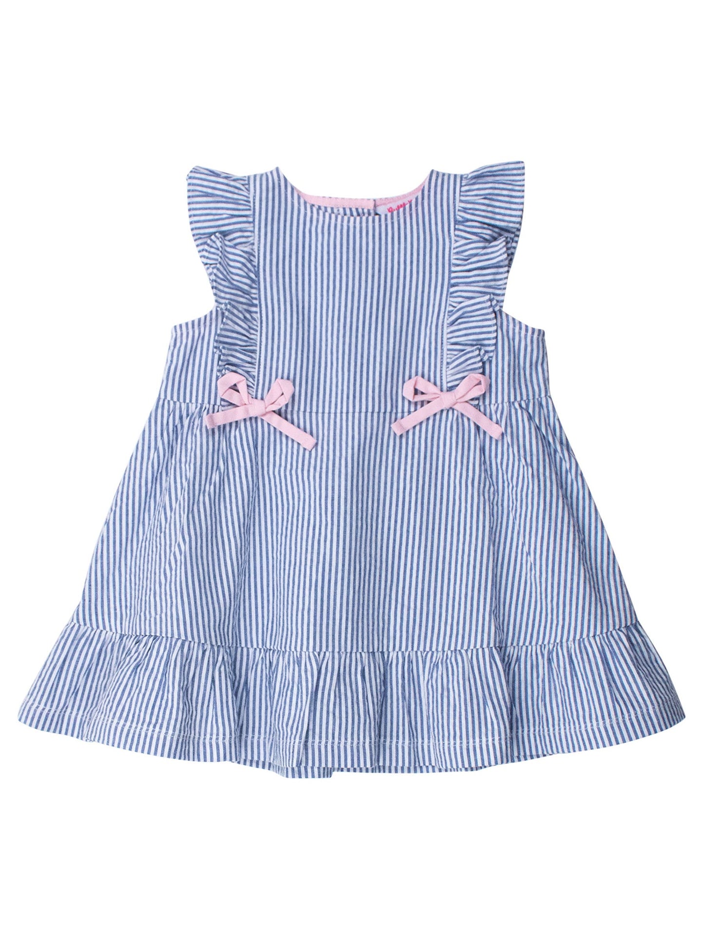 Pinafore Perfection: Blue Seersucker Bow Accent Dress - Savannah Creations