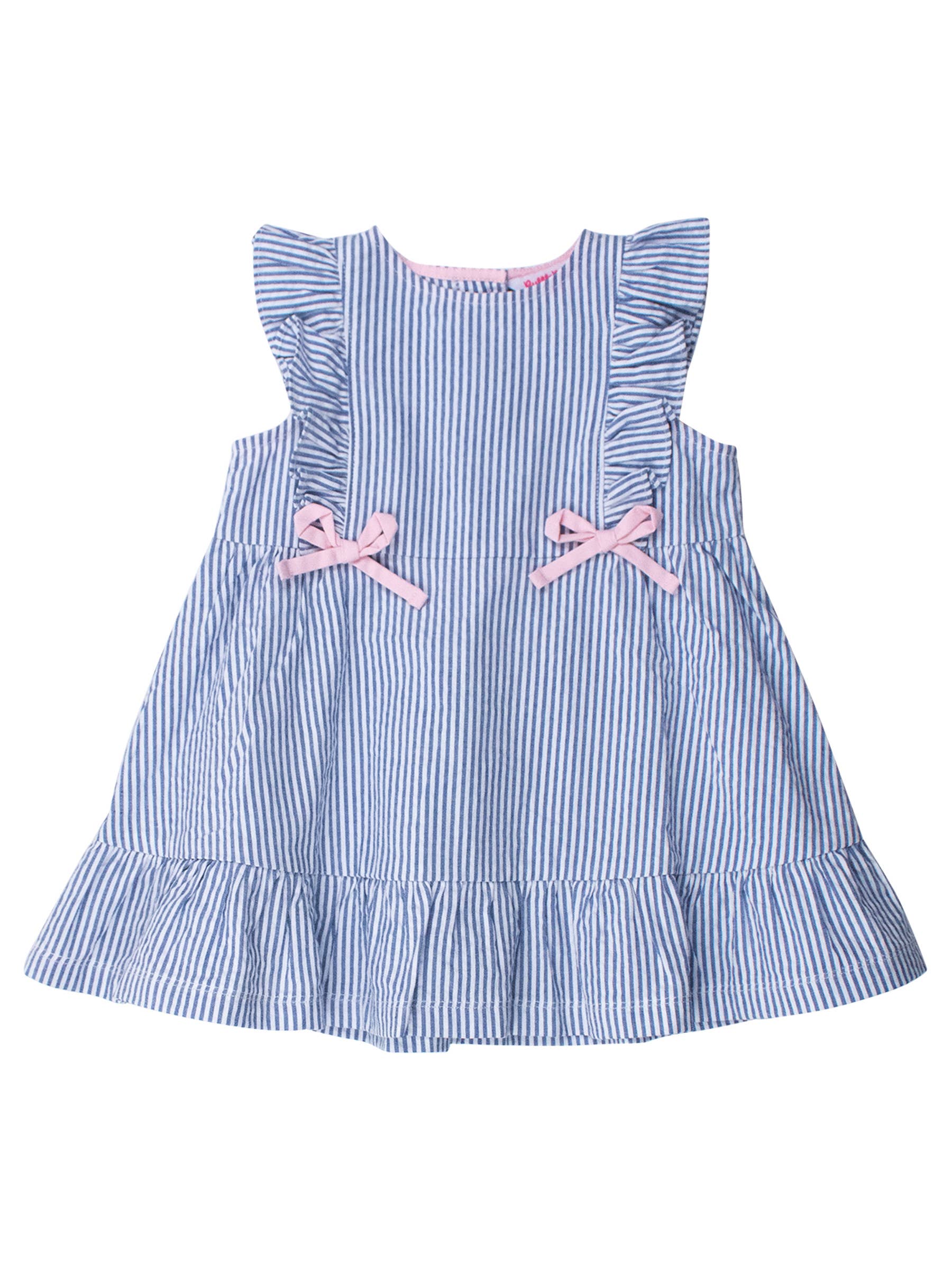Pinafore Perfection: Blue Seersucker Bow Accent Dress - Savannah Creations