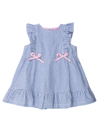 Pinafore Perfection: Blue Seersucker Bow Accent Dress - Savannah Creations