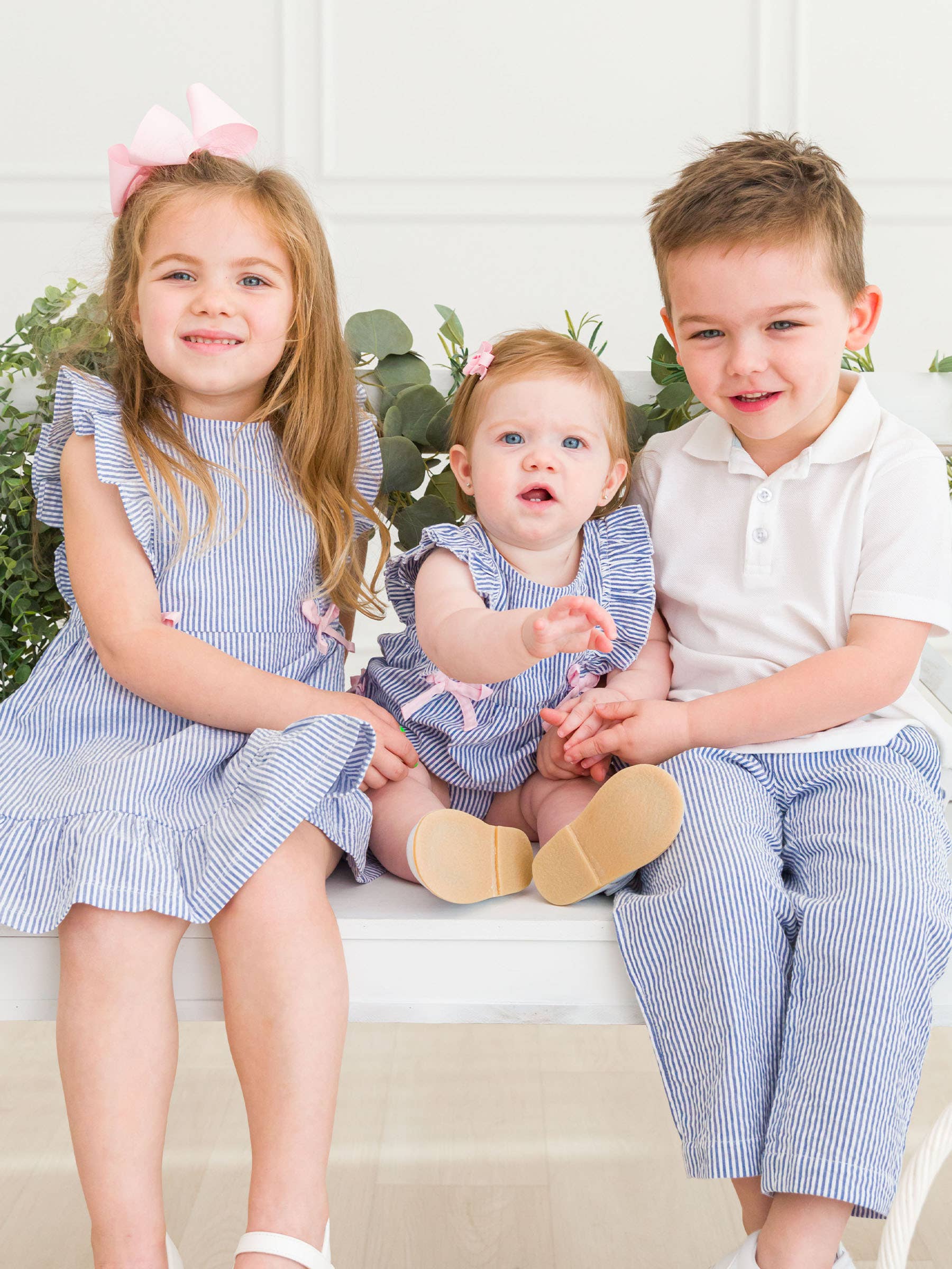 Pinafore Perfection: Blue Seersucker Bow Accent Dress - Savannah Creations