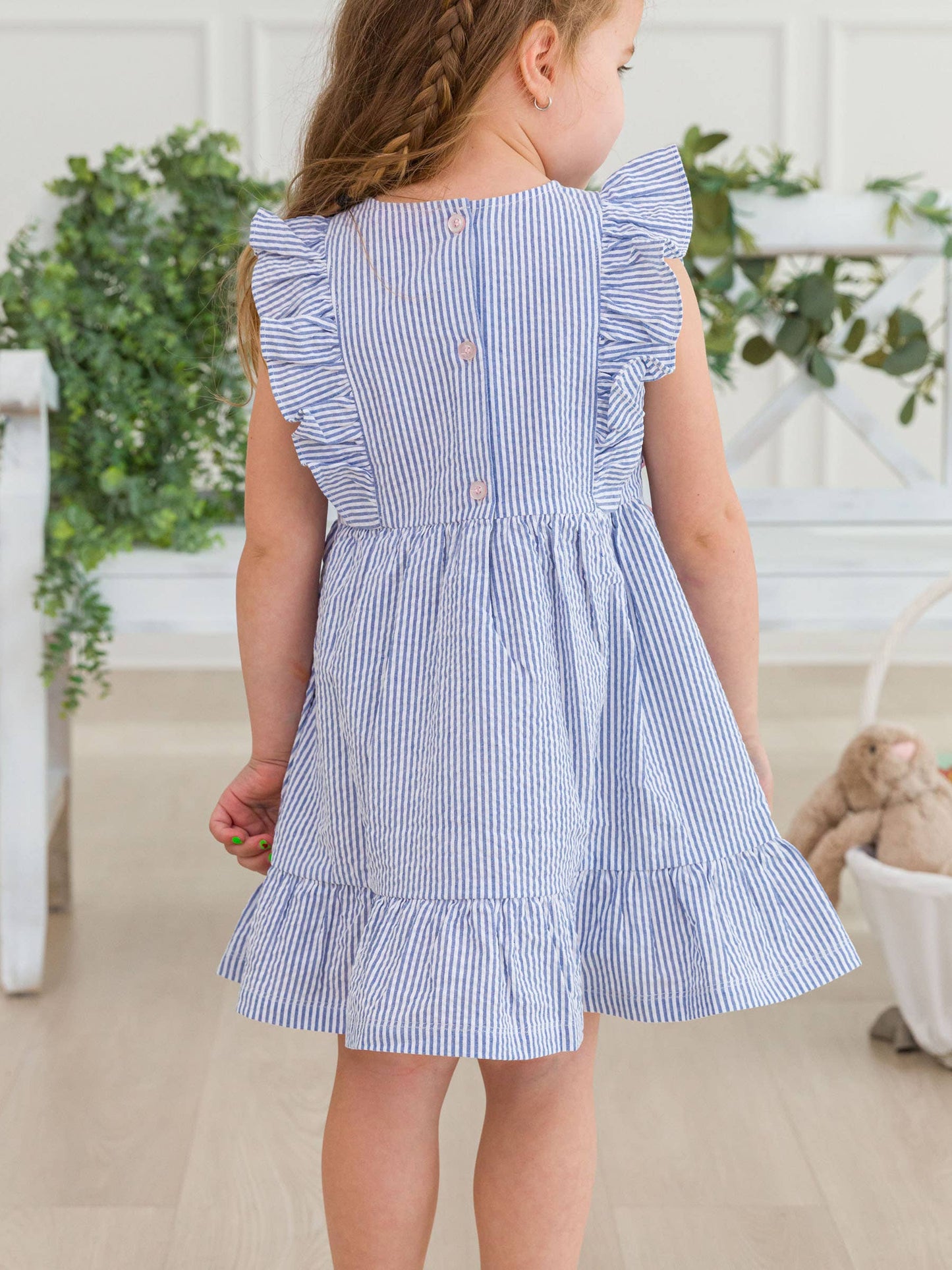 Pinafore Perfection: Blue Seersucker Bow Accent Dress - Savannah Creations