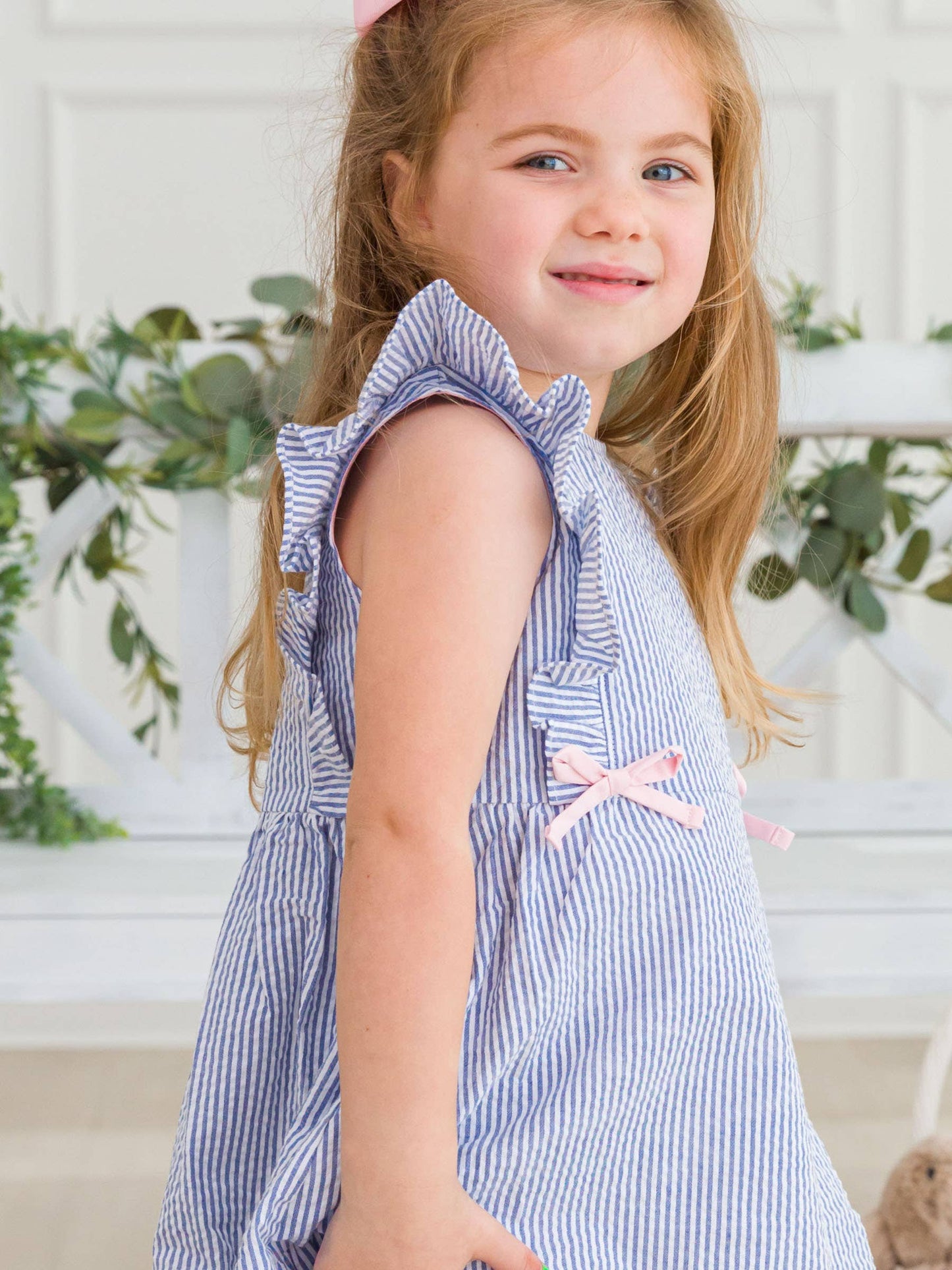 Pinafore Perfection: Blue Seersucker Bow Accent Dress - Savannah Creations