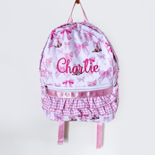 Personalized Pink Bow Backpack, Girls Backpack, Cowgirl Backpack, Toddler Backpack, Preschool Backpack, Pink Gingham Ruffle Backpack __etsy:8149611581