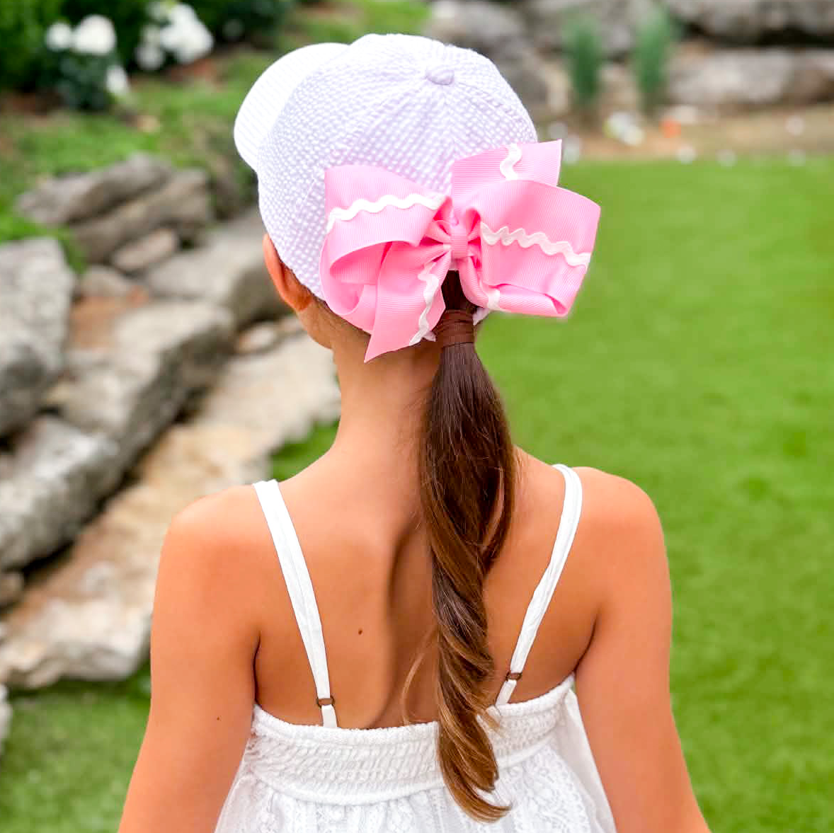 Seersucker Ball Cap with Bow Clip - Savannah Creations