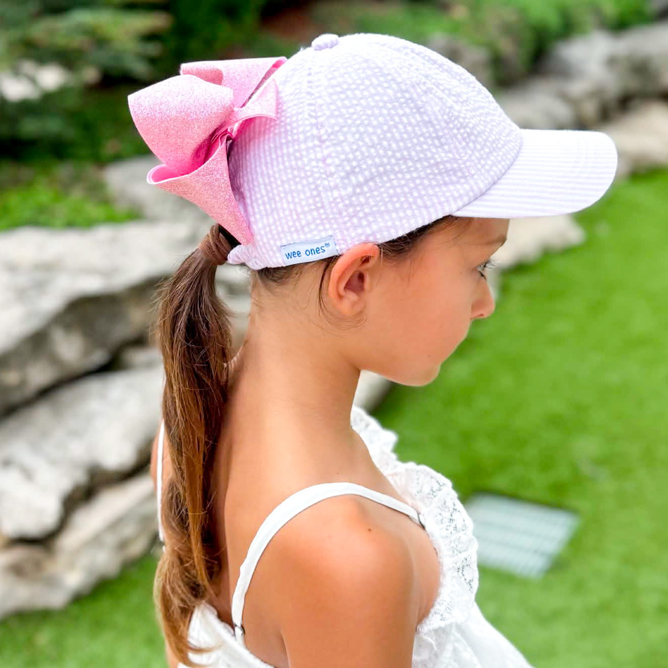 Seersucker Ball Cap with Bow Clip - Savannah Creations
