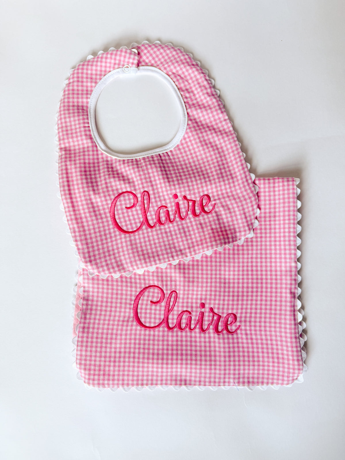 Sweet Little Checks | Girls’ Personalized Pima Cotton Bib & Burp Cloth - Savannah Creations