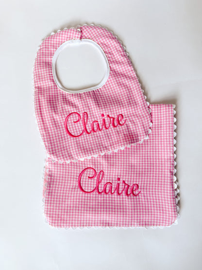 Sweet Little Checks | Girls’ Personalized Pima Cotton Bib & Burp Cloth - Savannah Creations