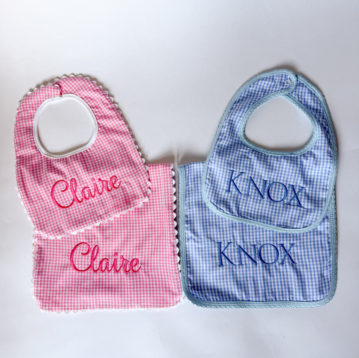 Sweet Little Checks | Girls’ Personalized Pima Cotton Bib & Burp Cloth - Savannah Creations
