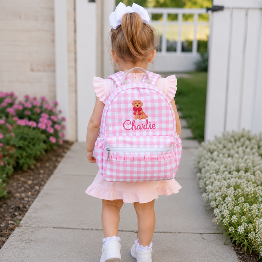 Toddler Monogrammed Golden Retriever Gingham Backpack - Savannah Creations
