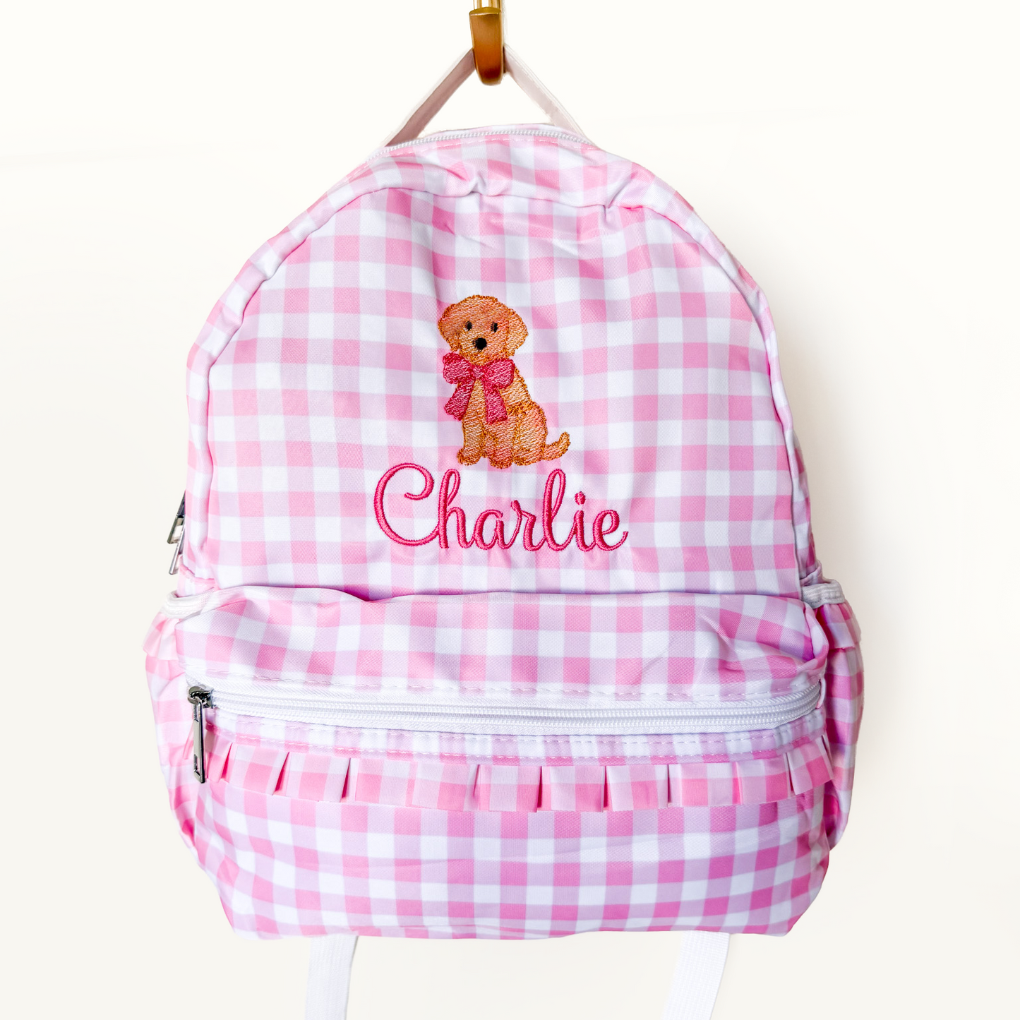 Toddler Monogrammed Golden Retriever Gingham Backpack - Savannah Creations